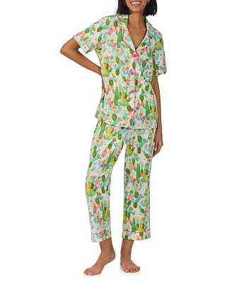 BedHead Cactus Garden Western Print Short Sleeve Notch Collar Organic Cotton Knit Cropped Pajama Set