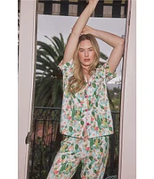 BedHead Cactus Garden Western Print Short Sleeve Notch Collar Organic Cotton Knit Cropped Pajama Set