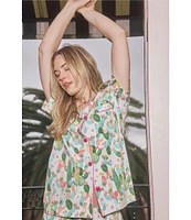 BedHead Cactus Garden Western Print Short Sleeve Notch Collar Organic Cotton Knit Cropped Pajama Set