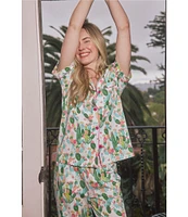 BedHead Cactus Garden Western Print Short Sleeve Notch Collar Organic Cotton Knit Cropped Pajama Set