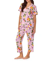 BedHead Citrus Fruit Blossom Organic Cotton Short Sleeve Notch Collar Knit Cropped Pajama Set