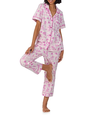 BedHead Cowgirl Western Toile Print Short Sleeve Notch Collar Cotton Knit Cropped Pajama Set