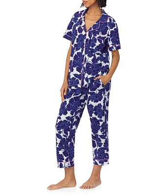 BedHead Organic Cotton Blend Floral Short Sleeve Notch Collar Knit Cropped Pajama Set
