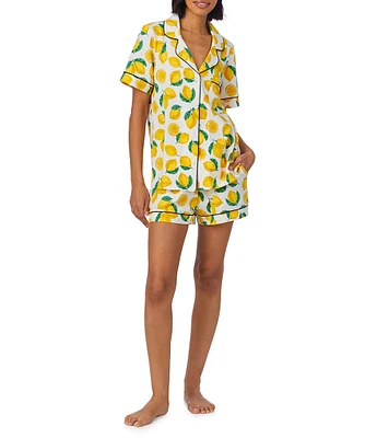 BedHead Lemon Fruit Print Short Sleeve Notch Collar Cotton Knit Shorty Pajama Set