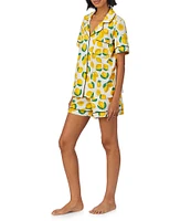 BedHead Lemon Fruit Print Short Sleeve Notch Collar Cotton Knit Shorty Pajama Set