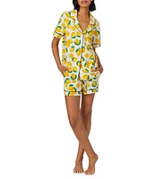 BedHead Lemon Fruit Print Short Sleeve Notch Collar Cotton Knit Shorty Pajama Set
