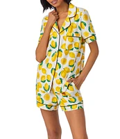 BedHead Lemon Fruit Print Short Sleeve Notch Collar Cotton Knit Shorty Pajama Set