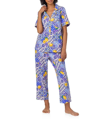 BedHead Organic Cotton Blend Lemon Fruit Print Short Sleeve Notch Collar Knit Cropped Pajama Set