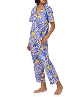 BedHead Organic Cotton Blend Lemon Fruit Print Short Sleeve Notch Collar Knit Cropped Pajama Set