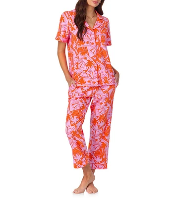 BedHead Organic Cotton Blend Pink Tennis Court Short Sleeve Notch Collar Knit Cropped Pajama Set