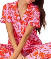 BedHead Organic Cotton Blend Pink Tennis Court Short Sleeve Notch Collar Knit Cropped Pajama Set