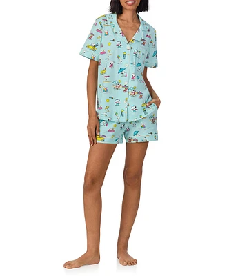 BedHead Organic Cotton Surfside Snoopy Print Short Sleeve Notch Collar Cotton Knit Shorty Pajama Set