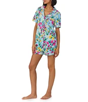 BedHead Organic Cotton Tropical Paradise Print Short Sleeve Notch Collar Cotton Knit Shorty Pajama Set