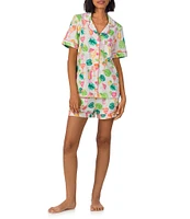 BedHead Organic Cotton Vacation Cocktail Print Short Sleeve Notch Collar Knit Shorty Pajama Set