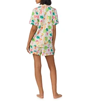 BedHead Organic Cotton Vacation Cocktail Print Short Sleeve Notch Collar Knit Shorty Pajama Set