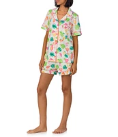 BedHead Organic Cotton Vacation Cocktail Print Short Sleeve Notch Collar Knit Shorty Pajama Set