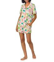 BedHead Organic Cotton Vacation Cocktail Print Short Sleeve Notch Collar Knit Shorty Pajama Set