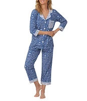 BedHead Pajamas Ditsy Through The Woods Knit 3/4 Sleeve Notch Collar Cropped Pajama Set