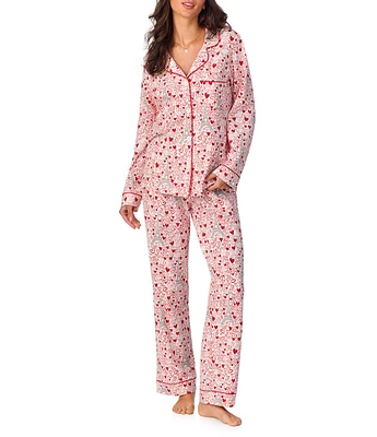 BedHead Pajamas Heart Print Knit Long Sleeve Notch Collar Pant Pajama Set