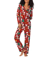 BedHead Pajamas Peanuts Holiday Party Print Long Sleeve Long Jersey Knit Holiday Pajama Set