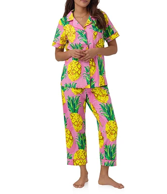 BedHead Pajamas Pineapple Print Short Sleeve Piping Trim Notch Collar Organic Cotton Knit Cropped Pajama Set