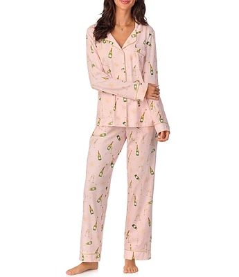 BedHead Pajamas Pop Fizz Clink Print Knit Long Sleeve Notch Collar Pant Holiday Pajama Set