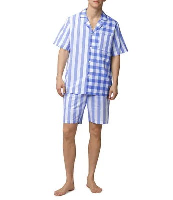 BedHead Pajamas Short Sleeve Bengal Stripe/Checked Woven Pajama Top & Striped Pajama Shorts Set