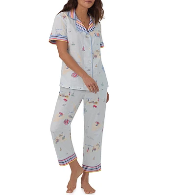 BedHead Pajamas Short Sleeve Notch Collar Woven Cropped Sea Print Pajama Set