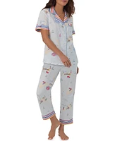 BedHead Pajamas Short Sleeve Notch Collar Woven Cropped Sea Print Pajama Set