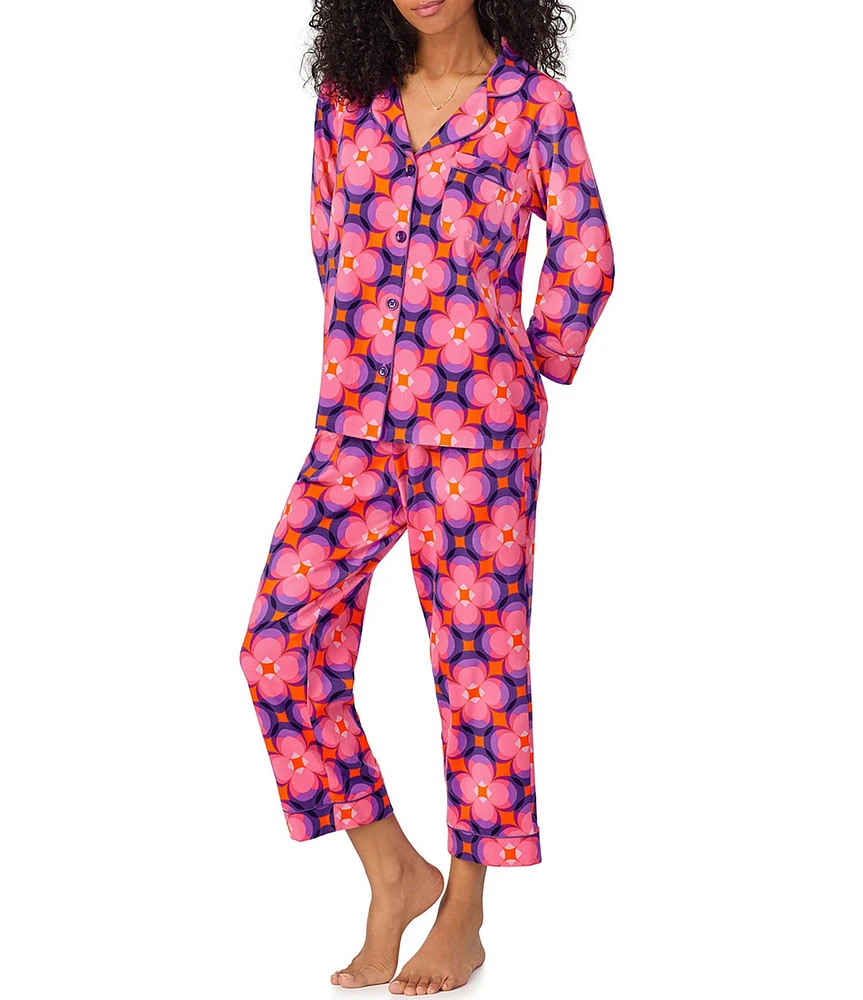 BedHead Pajamas x Trina Turk Space Cat Print Knit 3/4 Sleeve Notch Collar Cropped Pajama Set