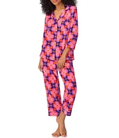 BedHead Pajamas x Trina Turk Space Cat Print Knit 3/4 Sleeve Notch Collar Cropped Pajama Set