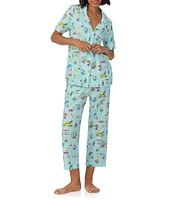 BedHead Surfside Snoopy Printed Short Sleeve Notch Collar Organic Cotton Blend Knit Cropped Pajama Set