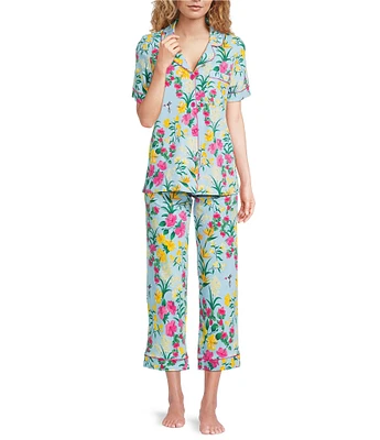 BedHead Tropical Paradise Print Short Sleeve Notch Collar Organic Cotton Blend Knit Cropped Pajama Set