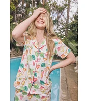 BedHead Vacation Print Short Sleeve Notch Collar Organic Cotton Blend Knit Cropped Pajama Set