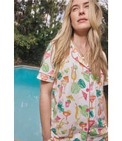 BedHead Vacation Print Short Sleeve Notch Collar Organic Cotton Blend Knit Cropped Pajama Set