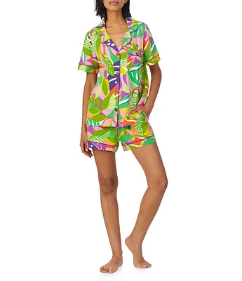 BedHead x Trina Turk Jungle Leaves Print Short Sleeve Notch Collar Organic Cotton Knit Shorty Pajama Set