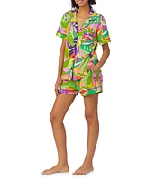 BedHead x Trina Turk Jungle Leaves Print Short Sleeve Notch Collar Organic Cotton Knit Shorty Pajama Set