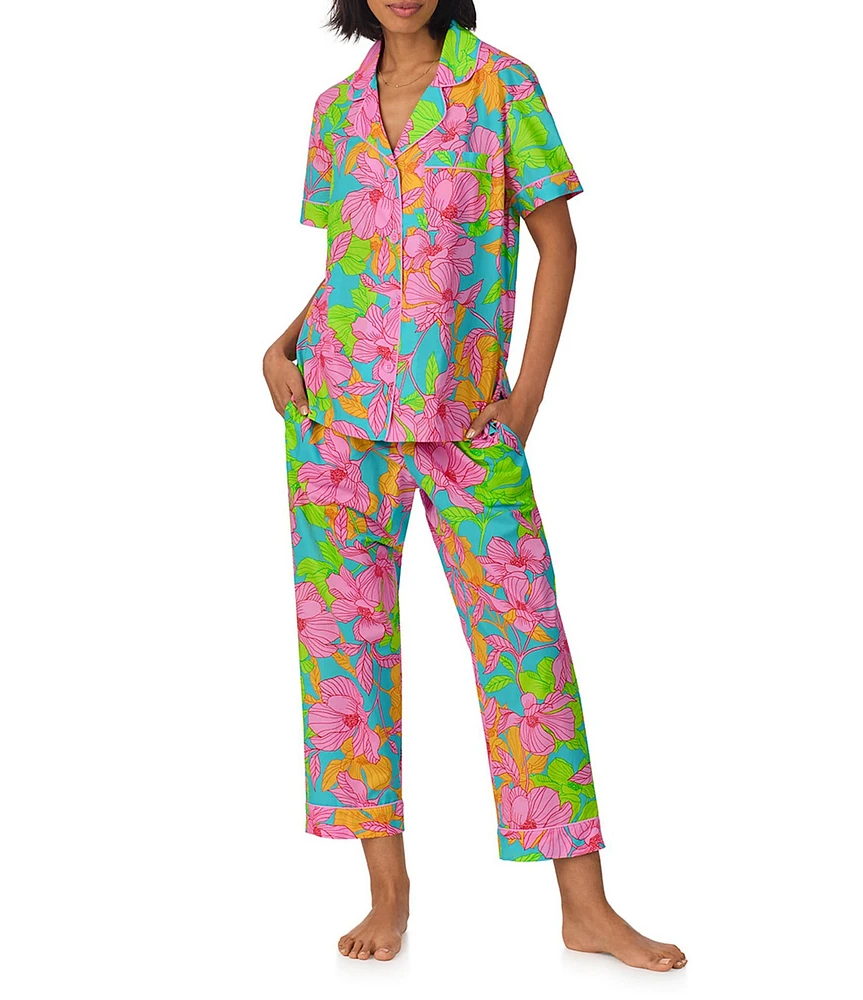 BedHead x Trina Turk Linear Floral Print Short Sleeve Notch Collar Organic Cotton Woven Cropped Pajama Set