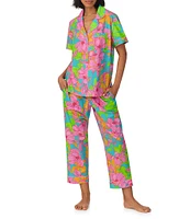 BedHead x Trina Turk Linear Floral Print Short Sleeve Notch Collar Organic Cotton Woven Cropped Pajama Set