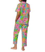 BedHead x Trina Turk Linear Floral Print Short Sleeve Notch Collar Organic Cotton Woven Cropped Pajama Set