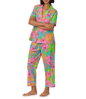 BedHead x Trina Turk Linear Floral Print Short Sleeve Notch Collar Organic Cotton Woven Cropped Pajama Set