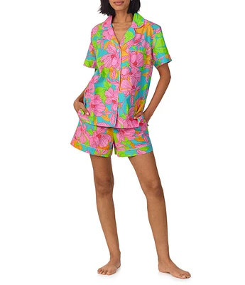 BedHead x Trina Turk Linear Floral Print Short Sleeve Notch Collar Organic Cotton Woven Shorty Pajama Set