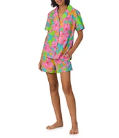 BedHead x Trina Turk Linear Floral Print Short Sleeve Notch Collar Organic Cotton Woven Shorty Pajama Set