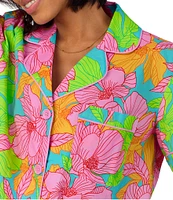BedHead x Trina Turk Linear Floral Print Short Sleeve Notch Collar Organic Cotton Woven Shorty Pajama Set