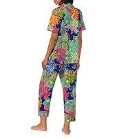 BedHead x Trina Turk Zanzibar Tropical Print Short Sleeve Notch Collar Organic Cotton Blend Knit Cropped Pajama Set