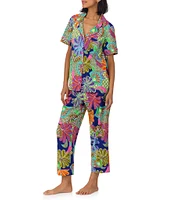 BedHead x Trina Turk Zanzibar Tropical Print Short Sleeve Notch Collar Organic Cotton Blend Knit Cropped Pajama Set