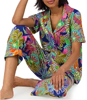 BedHead x Trina Turk Zanzibar Tropical Print Short Sleeve Notch Collar Organic Cotton Blend Knit Cropped Pajama Set