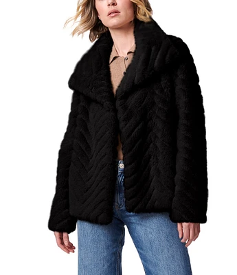 Bernardo Chevron Faux Fur Stand Collar Long Sleeve Boxy Jacket