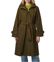 Bernardo Ladies Crinkle Stand Collar Long Flare Sleeves Belted Modern Trench