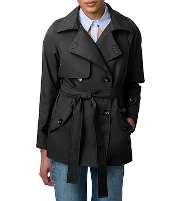 Bernardo Notch Lapel Cuff Sleeve Tie Waist Short Belted Packable Rain Trench Coat